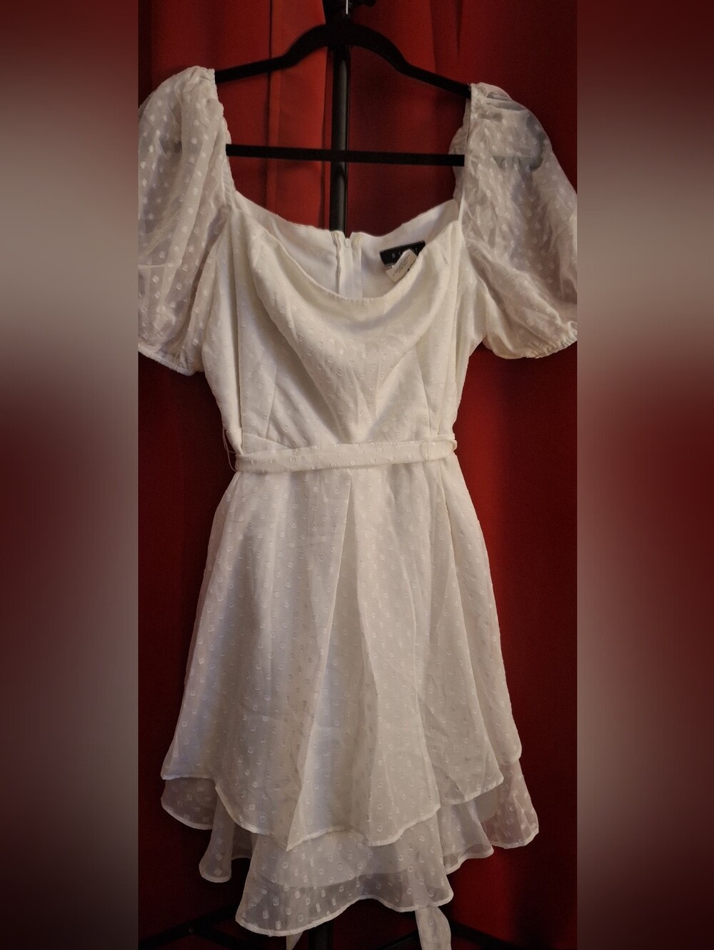 B. Smart White Puff Sleeve Swiss Dot Mini Dress